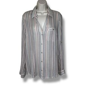 Kut From The Kloth Jasmine Stripe Gauze Shirt Roll Tab Long Sleeve Women XL FLAW